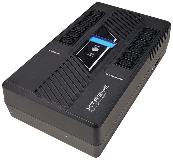 Xtreme Power A70i compact 230V line-interactive UPS, top view showing the surge-only and battery-backup outlet groups, LCD and USB charging port