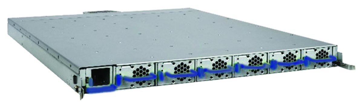 AX5-33 50 VDC power shelf, front view showing six 5.5 kW hot-swappable PSU modules in a 1 OU chassis