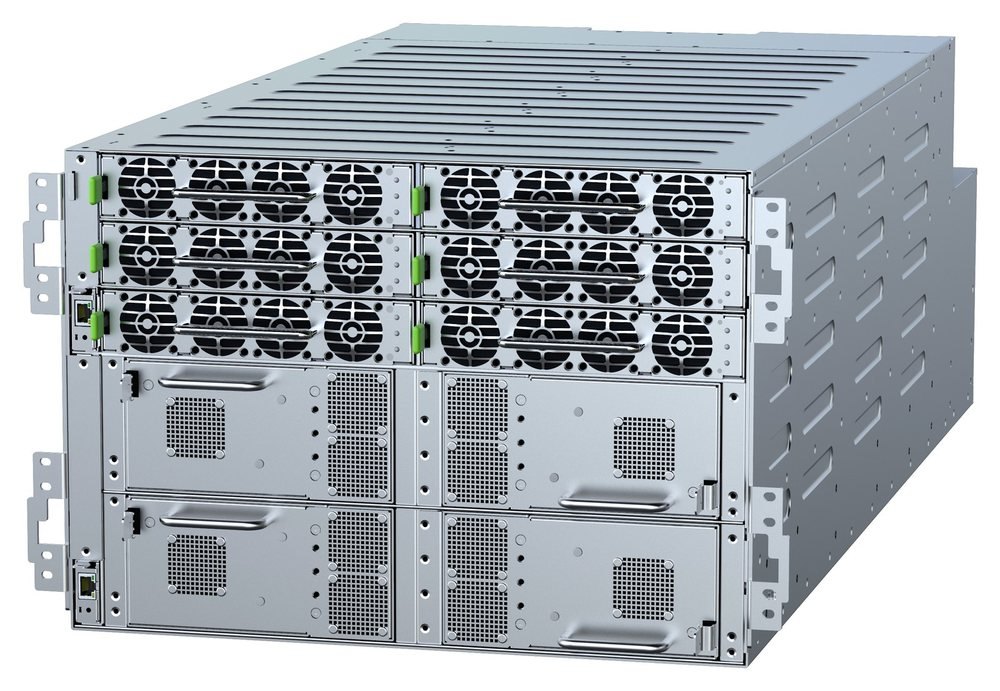Xtreme Power AX8E-110 7U 800 VDC power shelf, front oblique view showing six hot-swappable PSU modules above four LFP battery backup modules