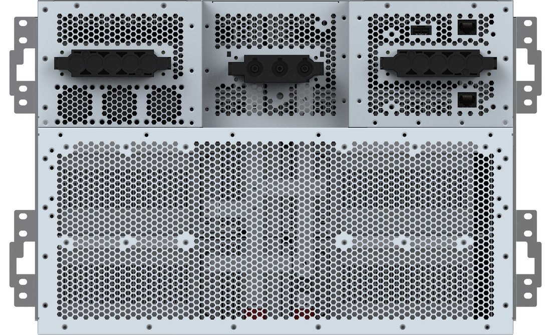 Xtreme Power AX8E-110 7U 800 VDC power shelf rear view showing the PSU-section connections above the full-width battery section