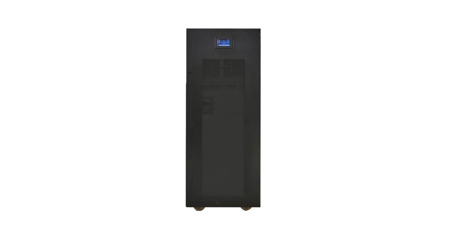 Xtreme Power E91-40K higher-capacity three-phase facility UPS, front view of the tall black cabinet with a 4.3-inch color touch LCD and XTREME Power Conversion branding, on caster bases