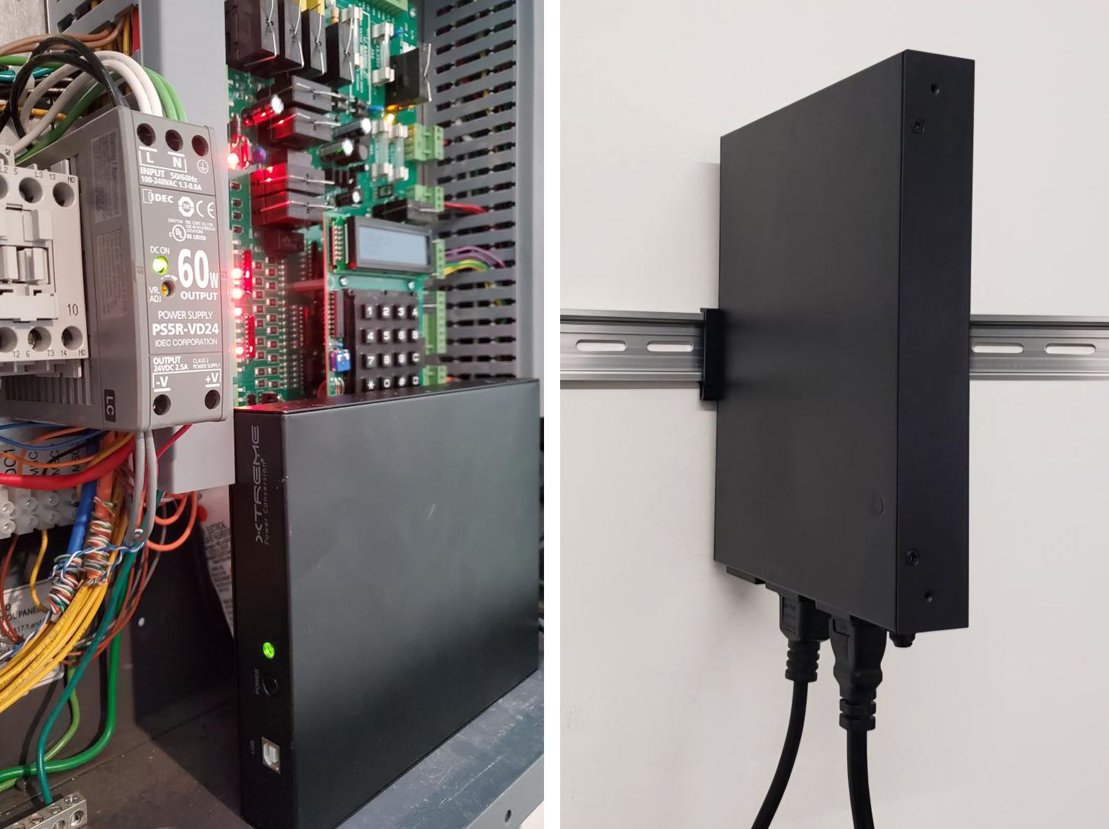 J60 lithium UPS mounted in a control panel and on a DIN rail