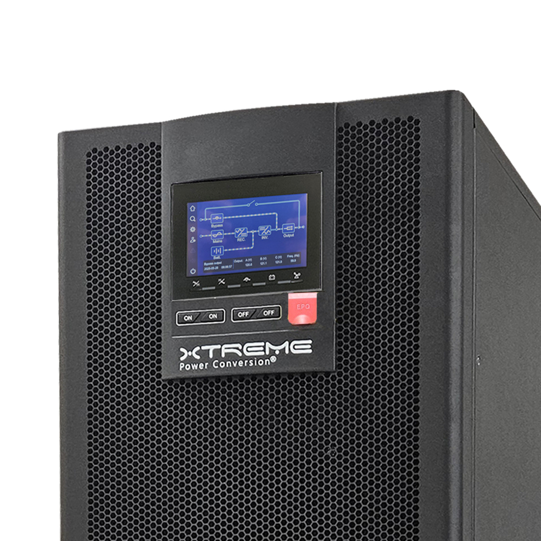Li90 4.3 inch touchscreen LCD showing single-line mimic diagram with bypass REC INV and output stages operating data and Xtreme Power branding