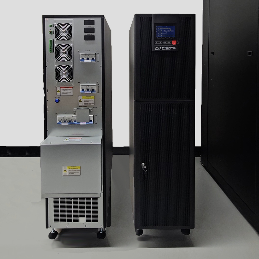 Two Xtreme Power Li90 units side by side — rear view with cooling fans and input, output, bypass, and maintenance breakers, and front view with touchscreen and locked door
