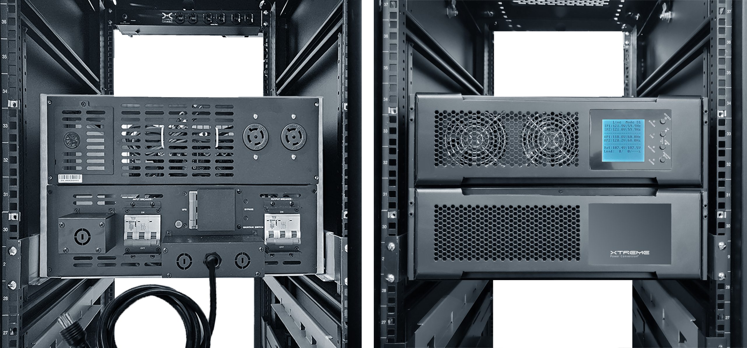 M90C-2S TAA-compliant modular UPS front and rear panels rack mounted — rear showing output connections bypass switch and breakers; front showing LCD with live operating data
