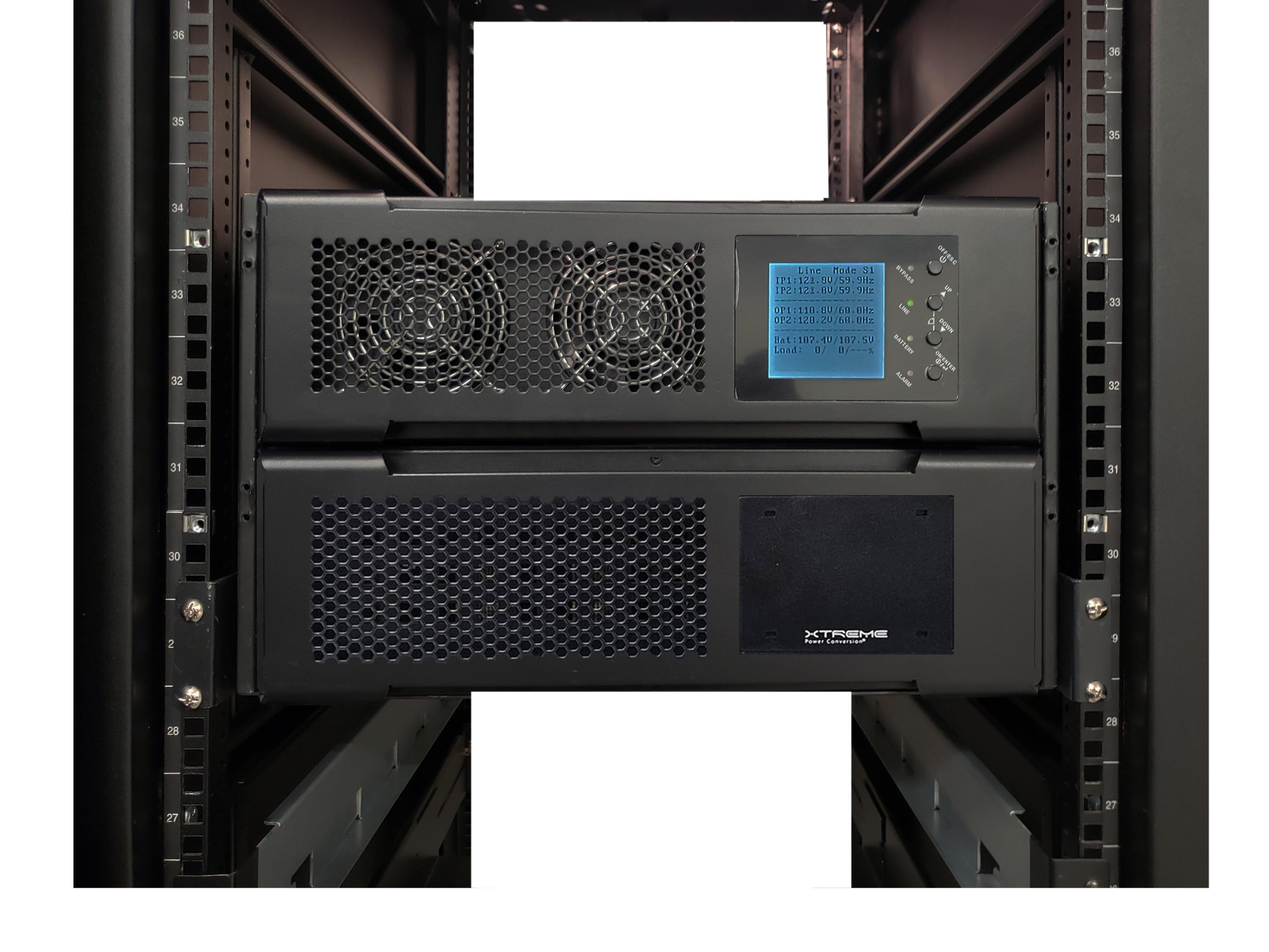 Row of network racks each with an Xtreme Power M90C-2S modular UPS providing power protection