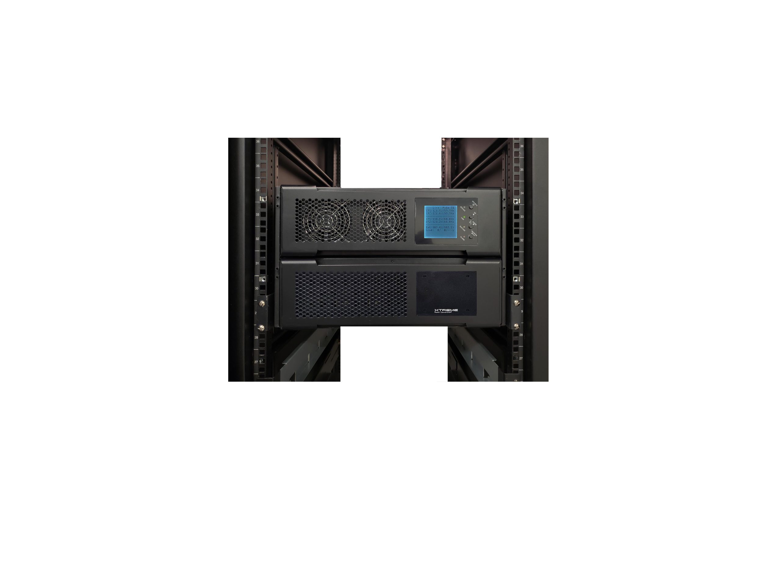 Four numbered production racks (405–408) in enterprise data center with M90C-2S modular UPS systems installed at the base of each rack — real customer deployment