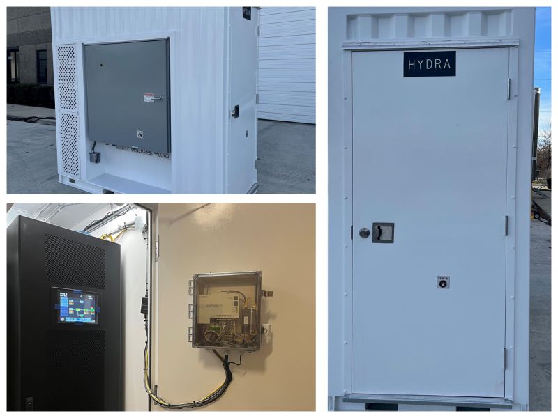 M90U-80 UPS inside outdoor prefabricated enclosure POD with monitoring display and conduit runs