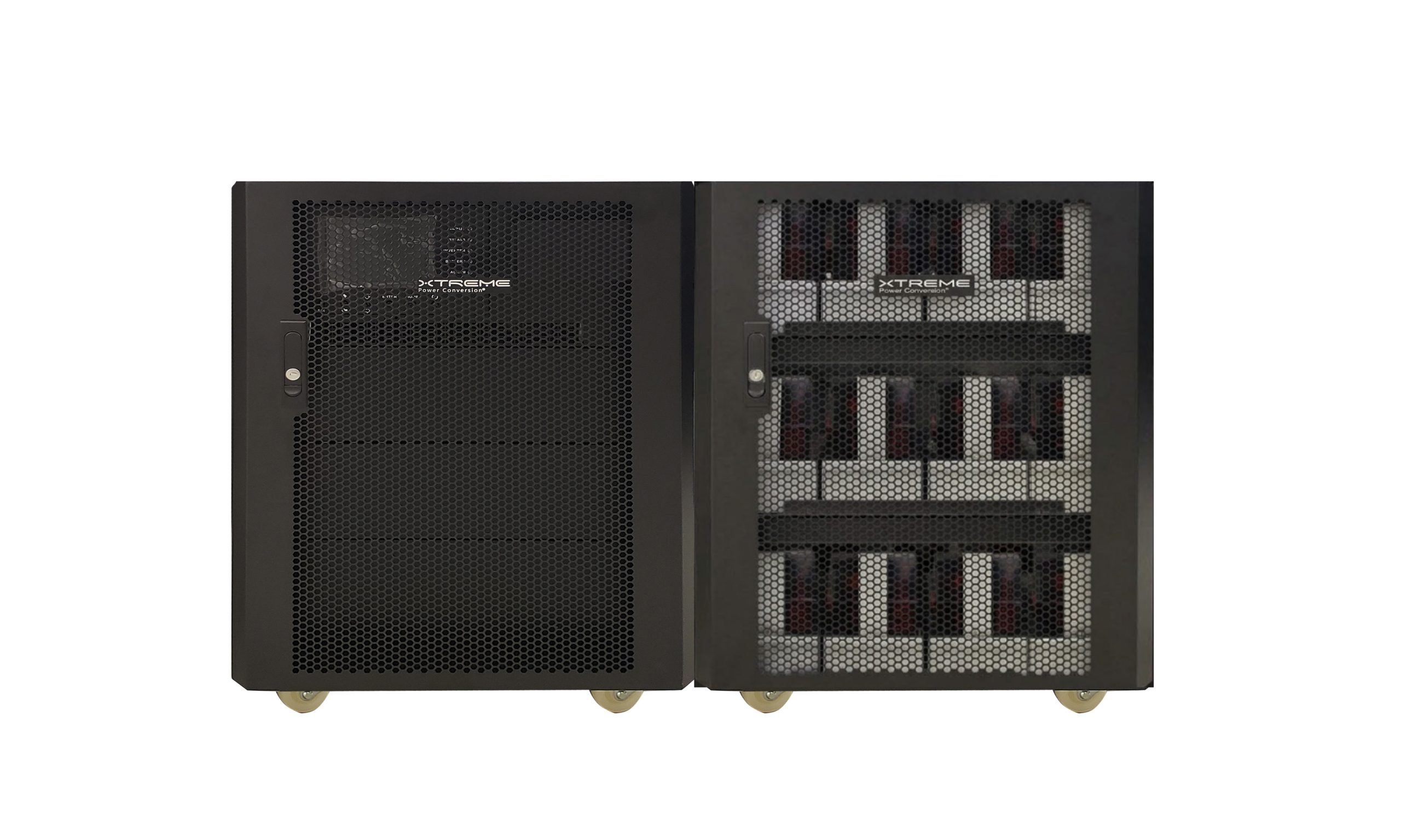 M90LU modular three-phase UPS enclosure beside the matching M90-BOS short battery cabinet
