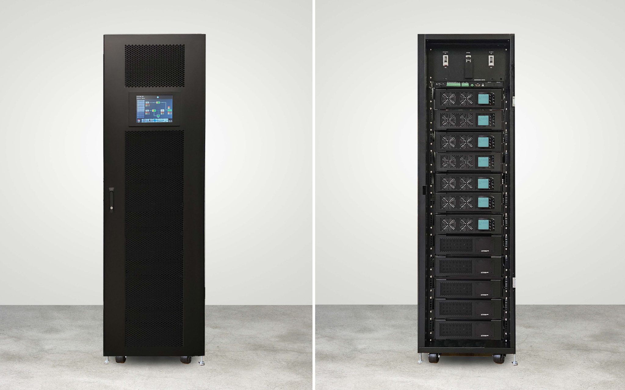 Xtreme Power M90S-12S modular single-phase UPS &mdash; front view with the door closed (left) and the door open (right), showing stacked 6 kW power and battery modules above the maintenance-bypass switch
