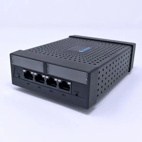 Tellabs 140CL optical network terminal front view showing four Gigabit Ethernet ports and the PON uplink