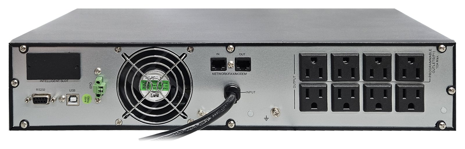 Xtreme Power P91-1kLi rear panel with eight NEMA 5-15R outlets, RS-232, USB, EPO, network surge ports and intelligent slot