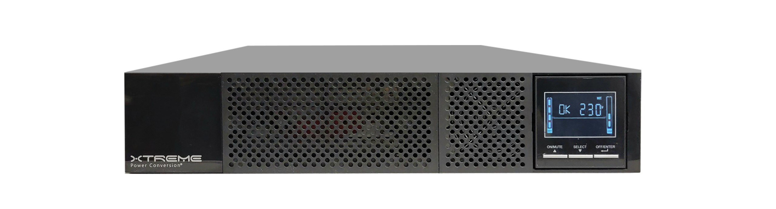 Xtreme Power P91g online double-conversion rack UPS, 2U front view with LCD showing 230 V output