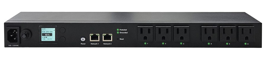 Xtreme Power SPDU-0615C switched and metered smart PDU, front view showing LCD, dual network ports and six outlets