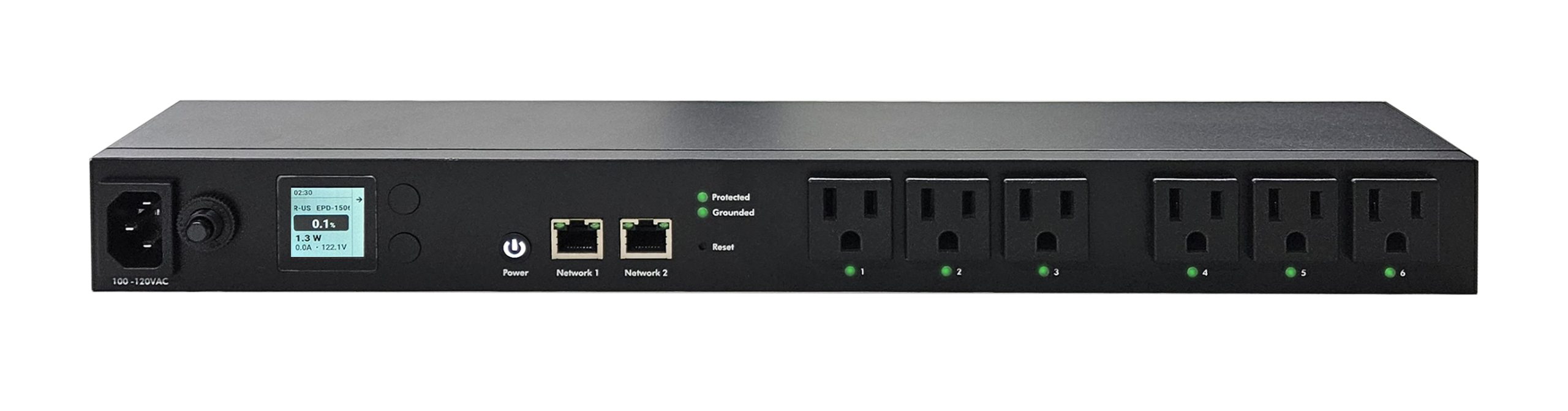 Xtreme SPDU switched and metered-by-outlet smart PDU — 1U, six outlets, dual network ports, and an on-unit display