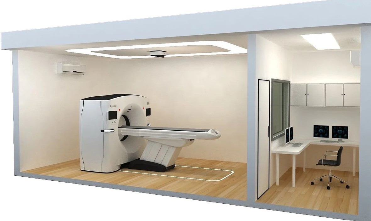 CT imaging suite with scanner and adjacent control room