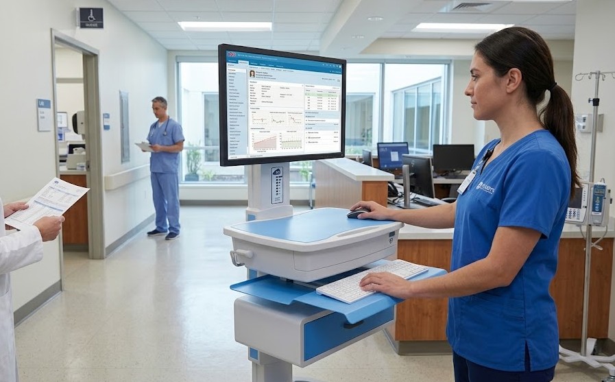 Mobile medical workstation cart — height-adjustable column with monitor, keyboard tray, storage drawer, and a powered base on casters — representative of carts that run on a compact lithium UPS