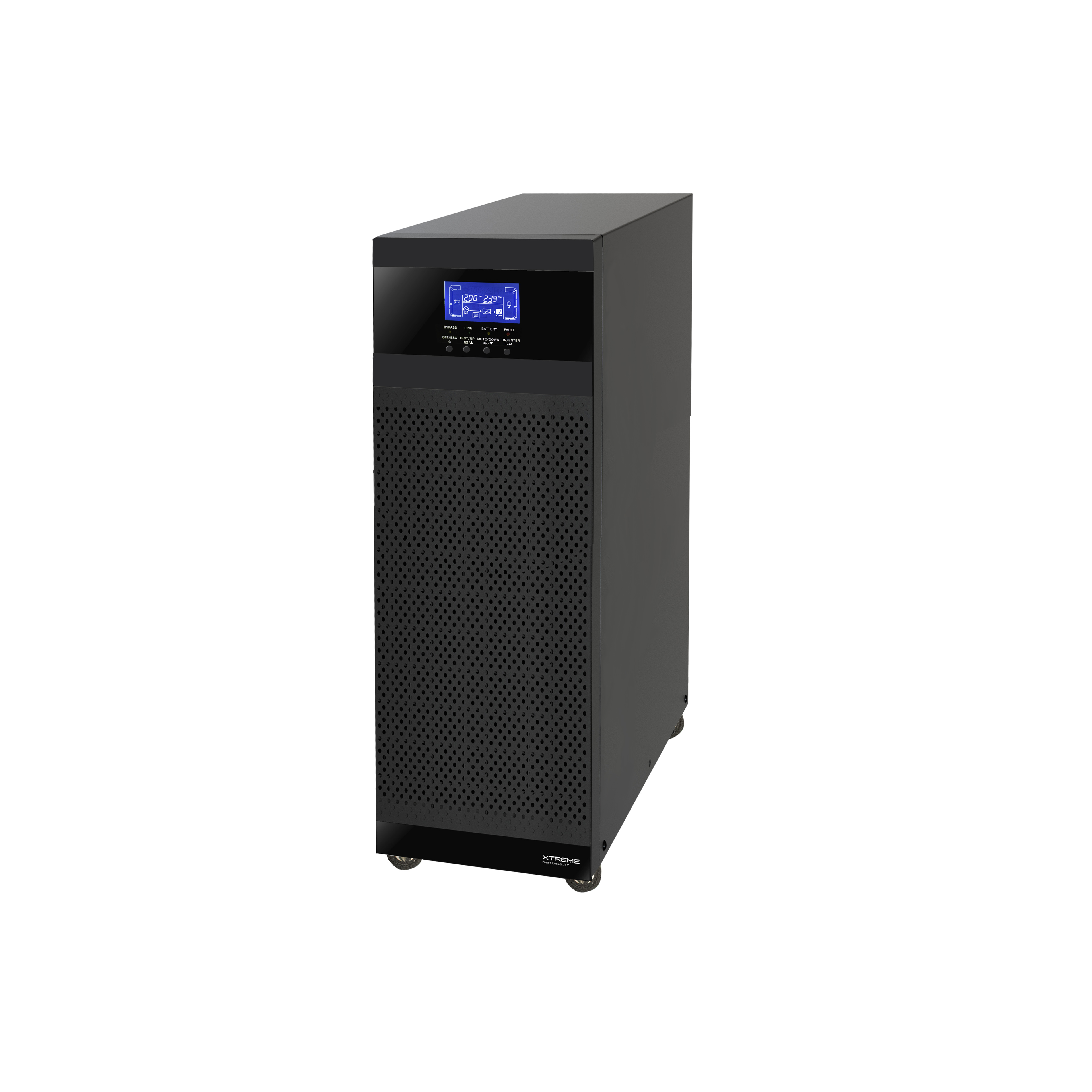 Xtreme Power TX91L isolation online tower UPS, front view with the status LCD and BYPASS / LINE / BATTERY / FAULT indicators, on a caster base