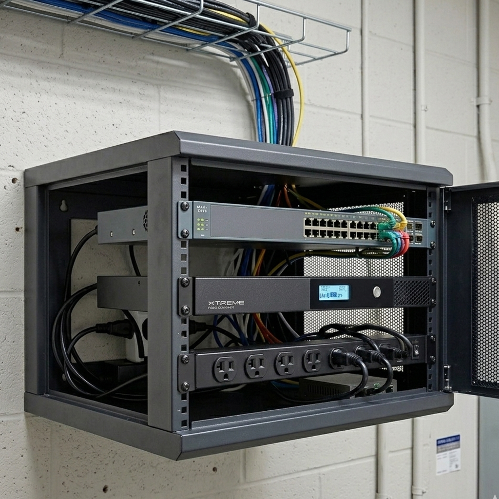 Xtreme Power UPS in a wall-mount IDF rack with a network switch and PDU