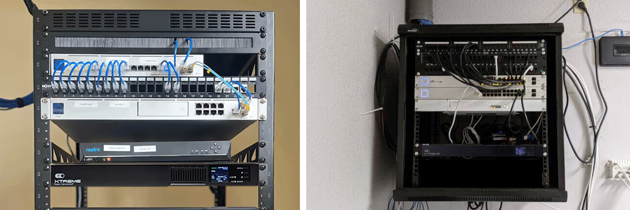 Store network rack with UPS — switches, firewall, and network equipment protected in a retail IDF installation