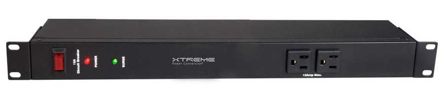 Xtreme Power XPDS-1015HV surge protected rack PDU, front view showing surge status LED and two outlets