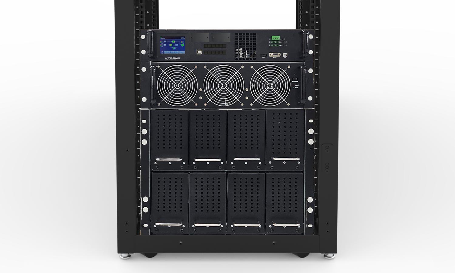 Ai90 rack-integrated UPS showing UPS conversion module, hot-swap battery drawers, and integrated rack enclosure