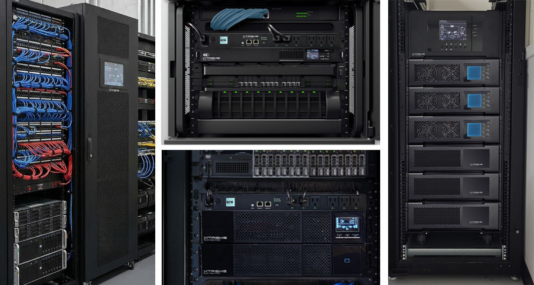Xtreme Power Conversion product range photographed together: rackmount single-phase UPS, integrated lithium UPS, three-phase modular cabinet, and rack power distribution units