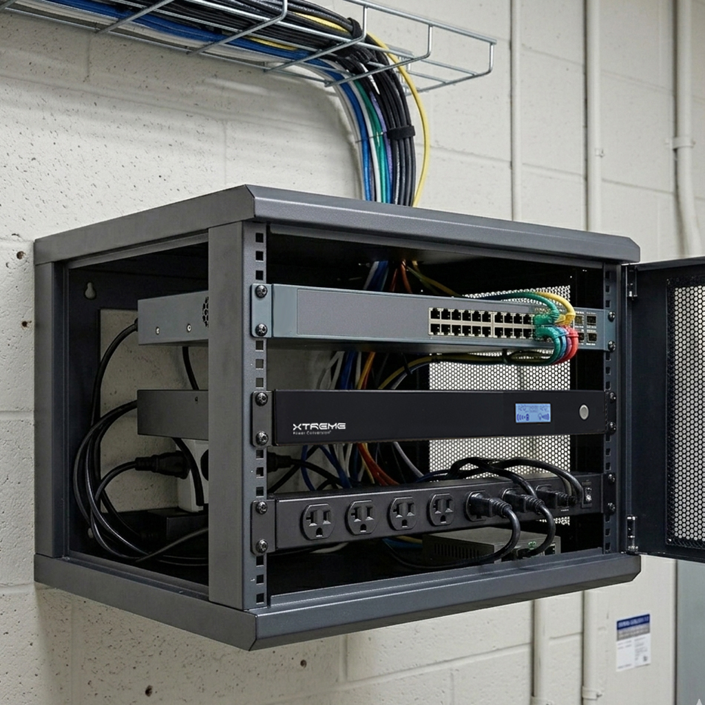 Xtreme J60C short-depth UPS in a wall-mount cabinet with a network switch and rack PDU