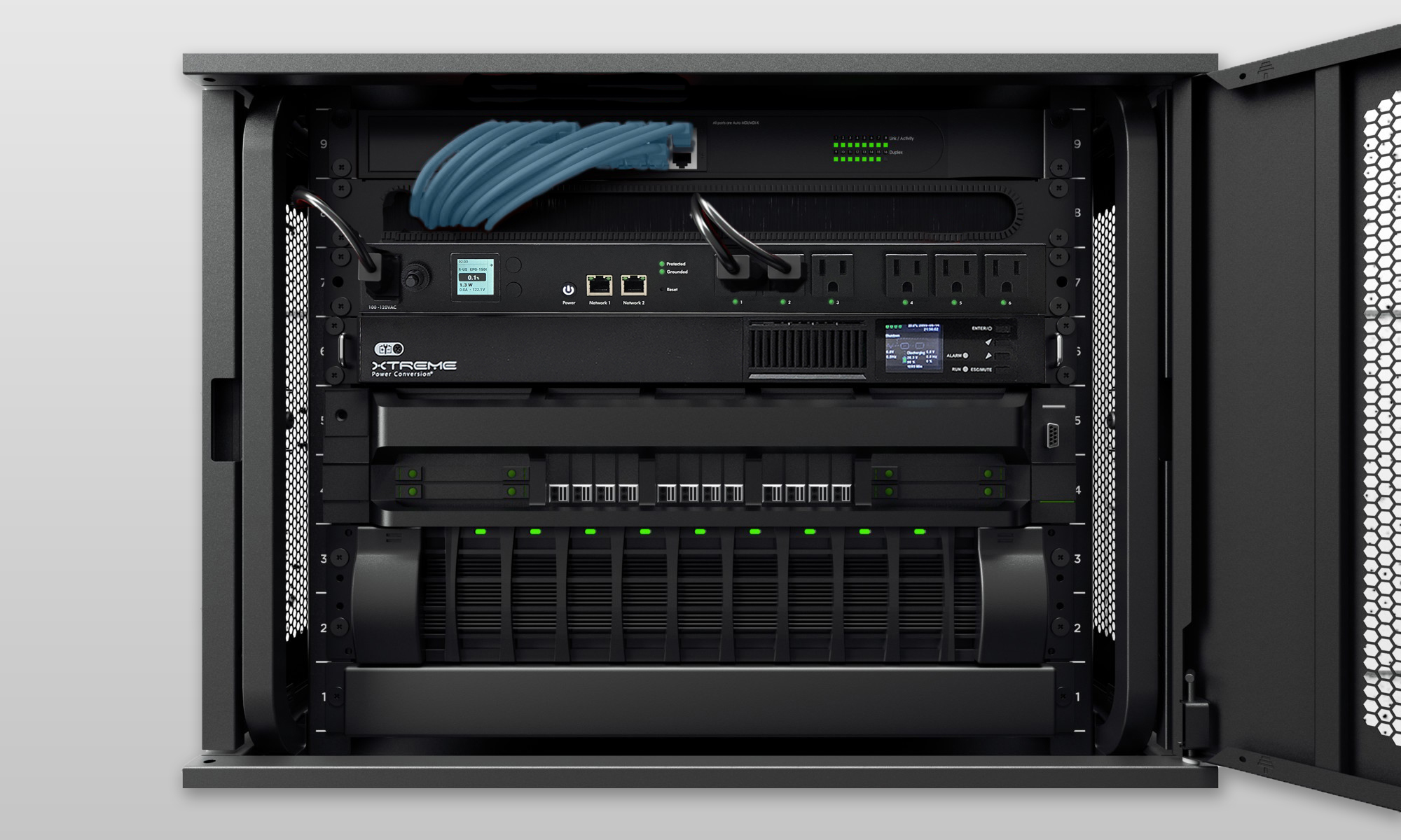 J90 1U lithium UPS and Smart PDU in wall-mount network rack — compact lithium rack UPS for edge and IDF deployments