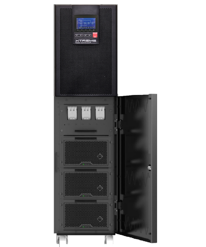 Li90 three-phase lithium UPS with battery door open showing three hot-swappable LiFePO4 battery modules inside the lower cabinet section — no external battery cabinets required
