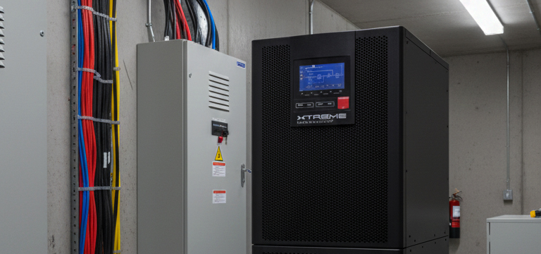 Li90 three-phase lithium UPS deployed in an electrical room alongside distribution panel — slim 12.6 inch cabinet next to full-size electrical infrastructure