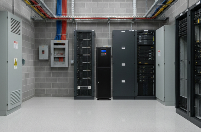 An Li90 three-phase lithium UPS deployed in a warm industrial IT environment alongside electrical panels