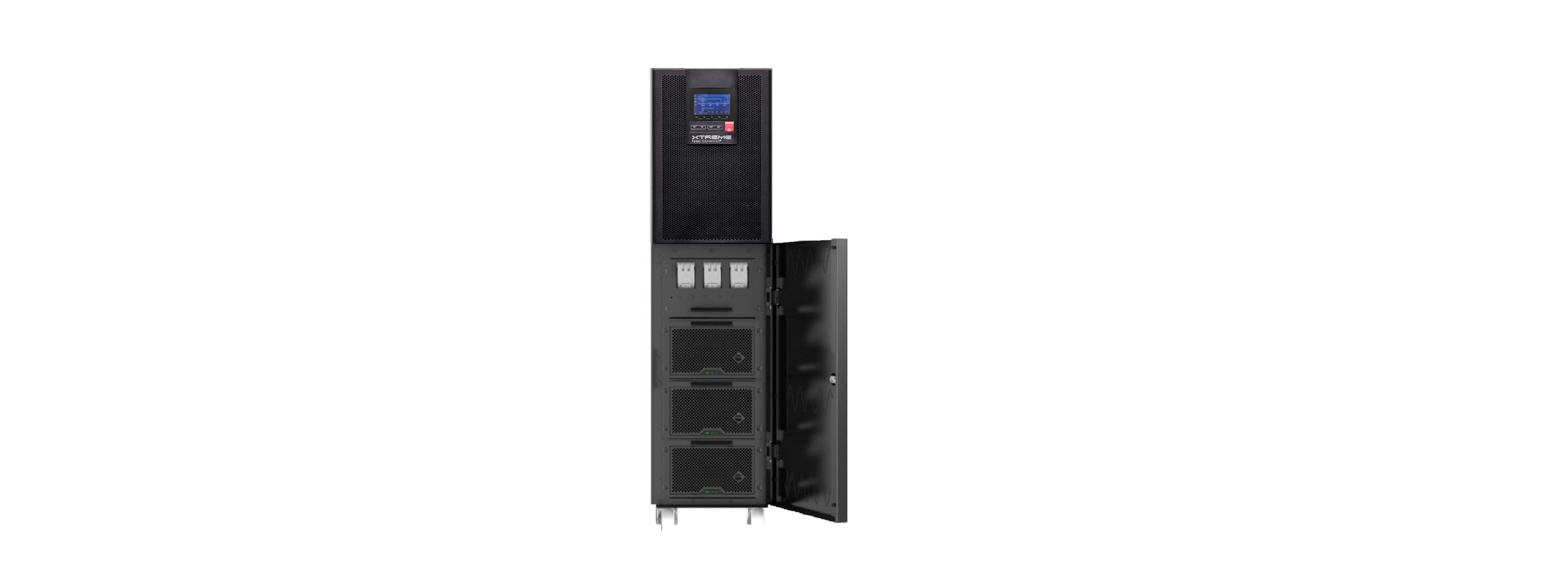 Xtreme Power Li90 with its battery door open, showing integrated hot-swappable LiFePO4 battery modules inside the cabinet