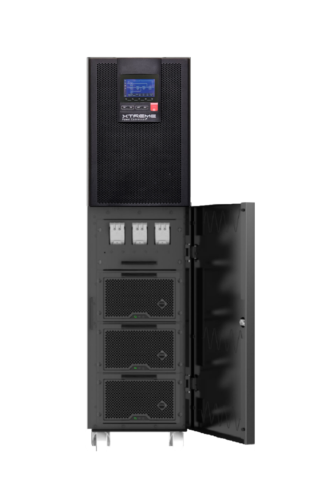 Li90 20kVA three-phase lithium UPS with battery door open, showing the integrated hot-swappable LiFePO4 modules — no external battery cabinet