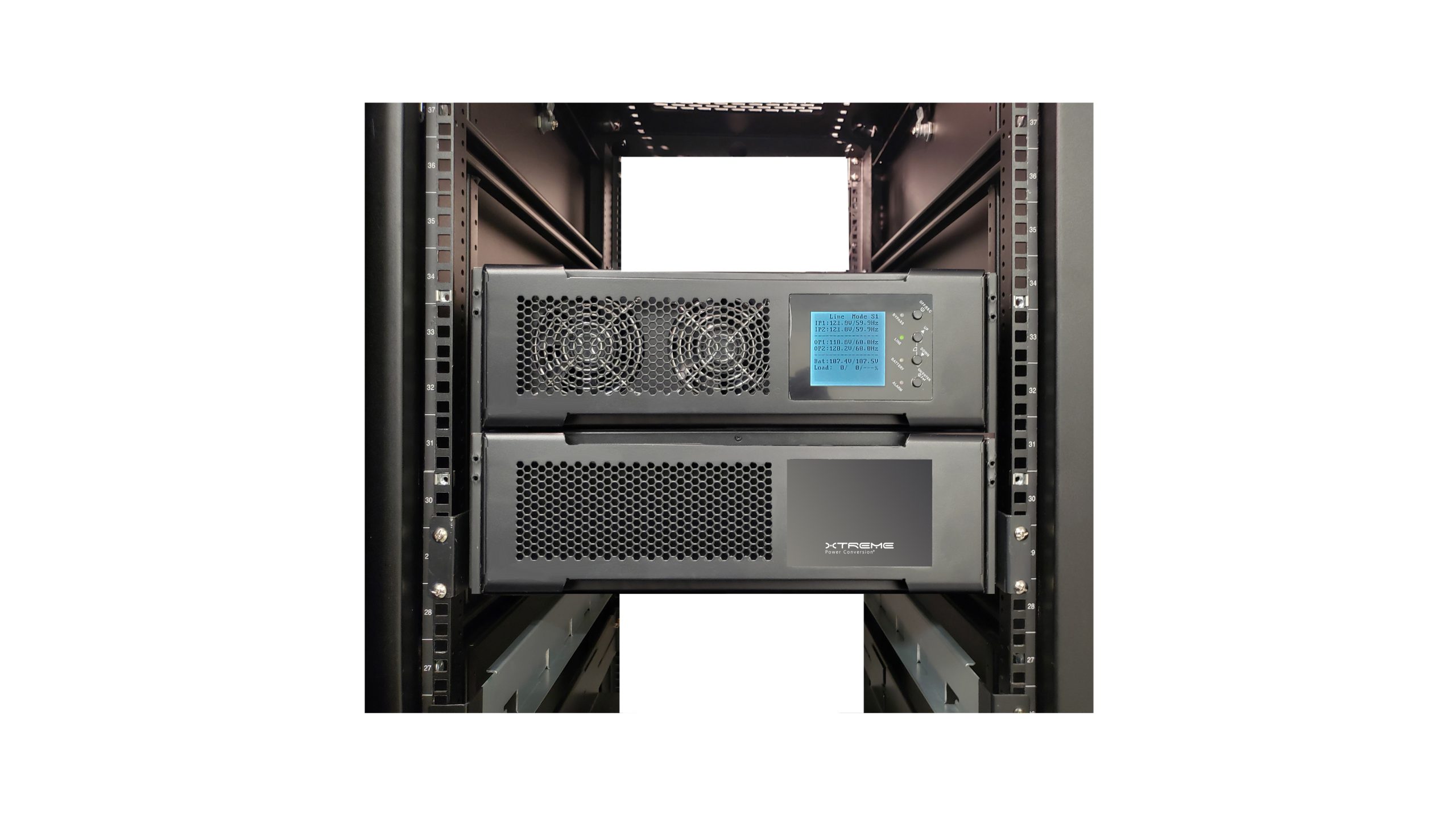 Xtreme Power M90C-2S compact three-phase modular UPS mounted in a rack, front view of the power module with cooling fans and LCD over the battery module