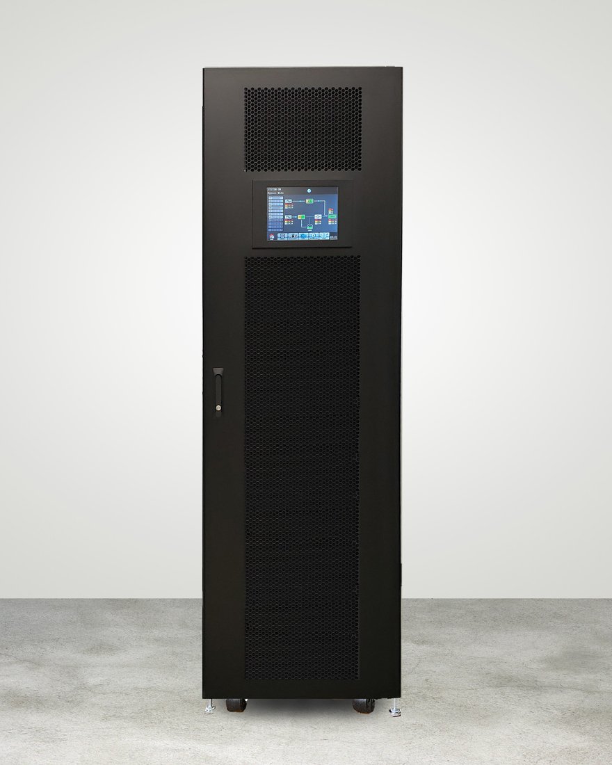 Xtreme Power M90S-12S high-capacity modular UPS, front view with 10-inch system touch display, on casters