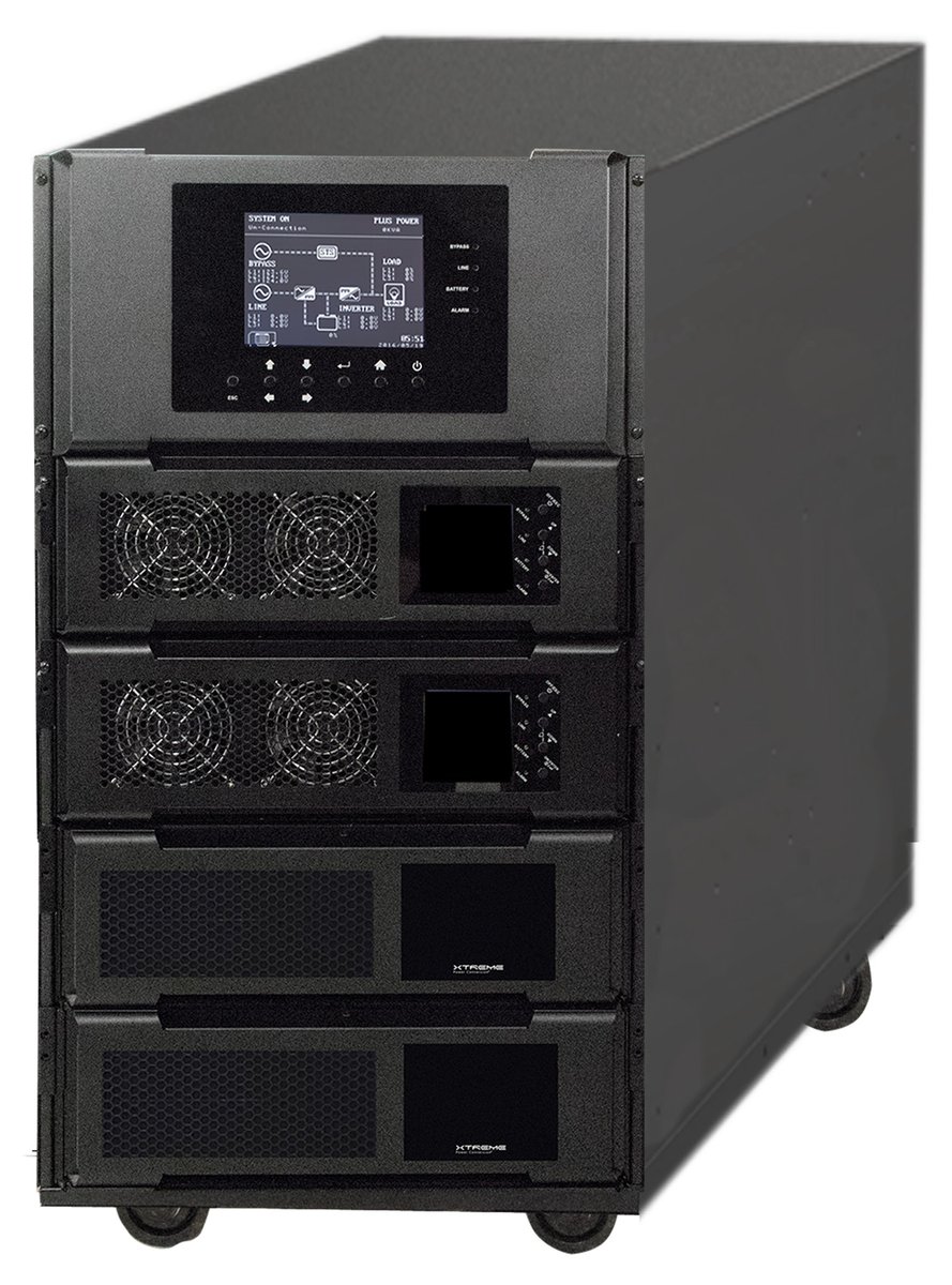 Xtreme Power M90S-4S modular online UPS, oblique view showing the 5.7-inch display, two power modules, and battery modules in the 4-slot enclosure on casters