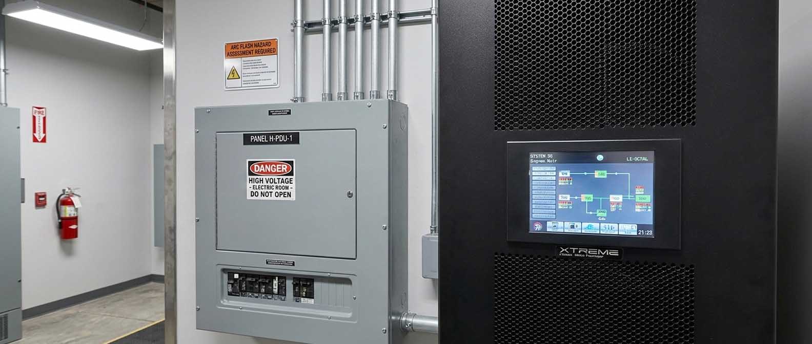 M90U-80 inside outdoor prefabricated enclosure showing UPS cabinet with touchscreen display and monitoring equipment