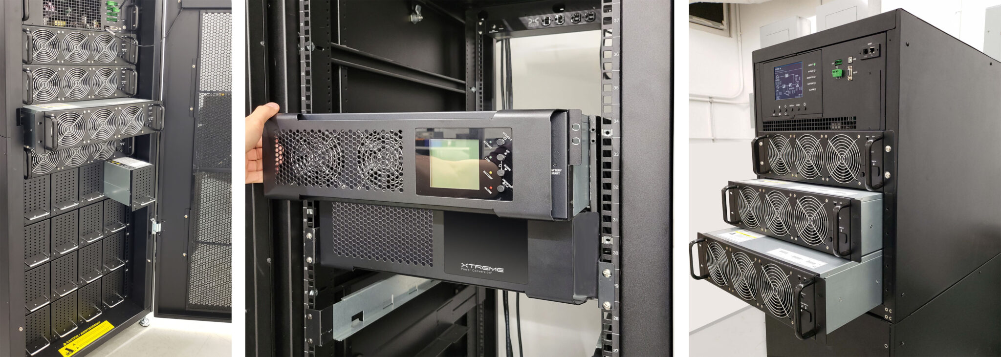 Xtreme modular UPS power modules being installed and stacked in a rack with lit status displays