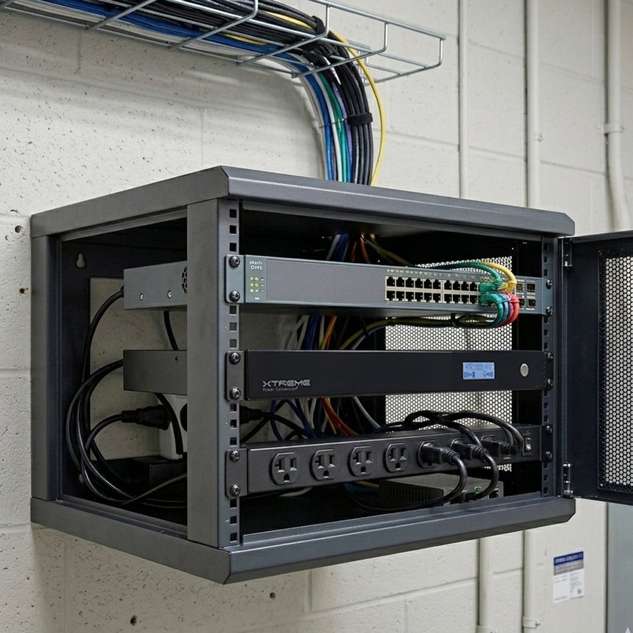 An Xtreme Power UPS in a wall-mount IDF rack with a PoE switch and PDU