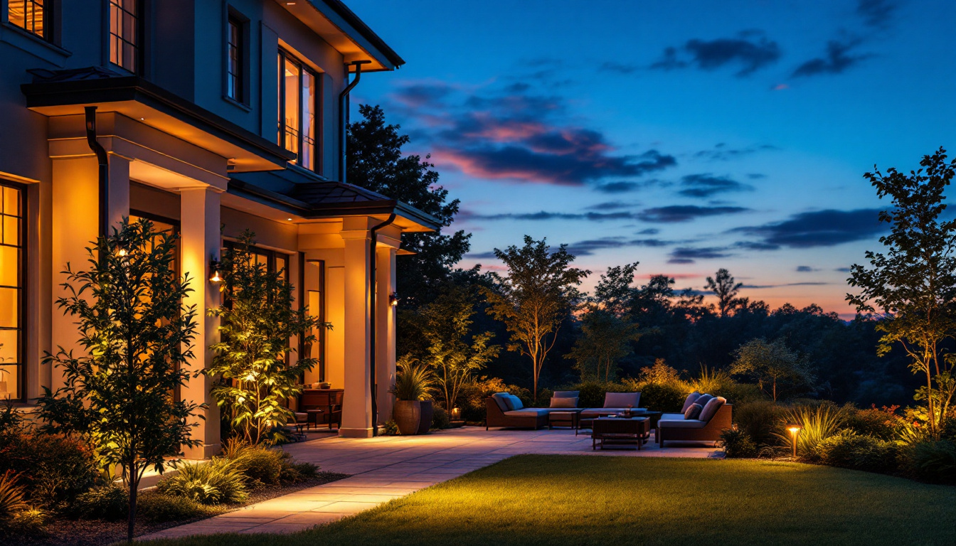 Luxury home at dusk with warm interior and landscape lighting, kept powered during an outage