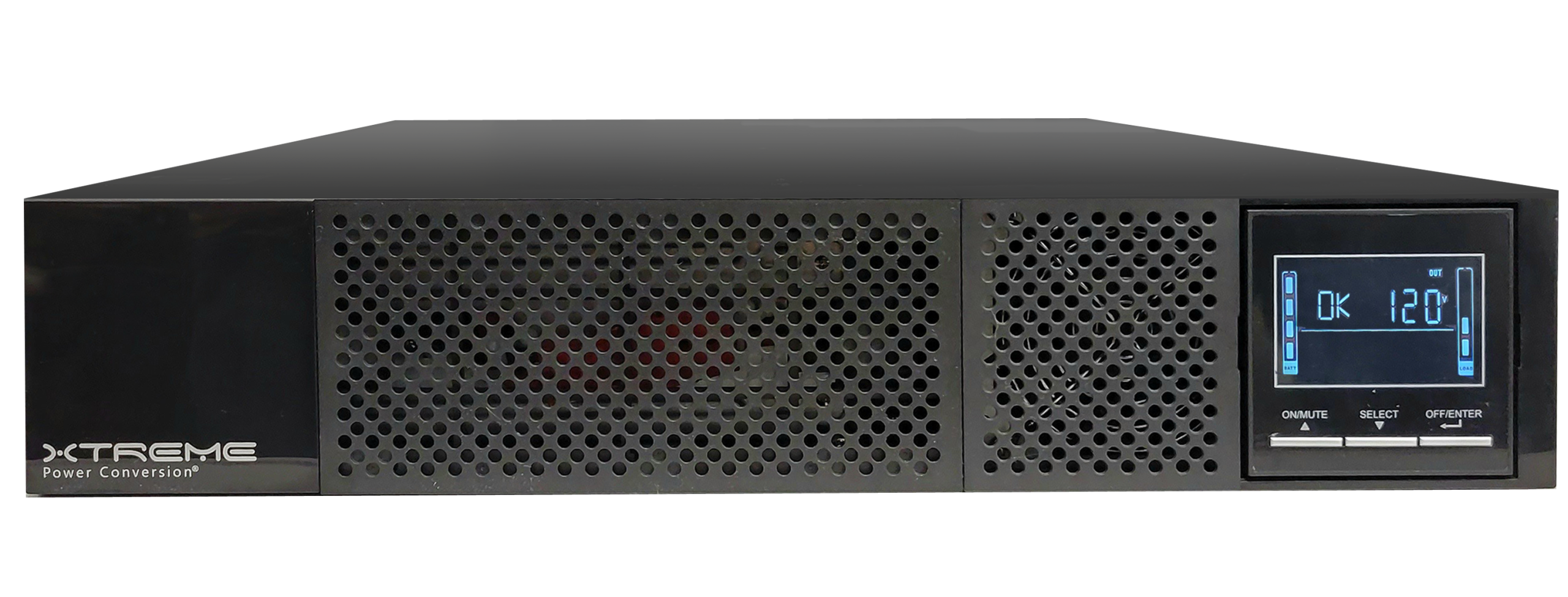 Xtreme Power P91-2kLi 2U lithium UPS front panel with status LCD showing OK at 120V
