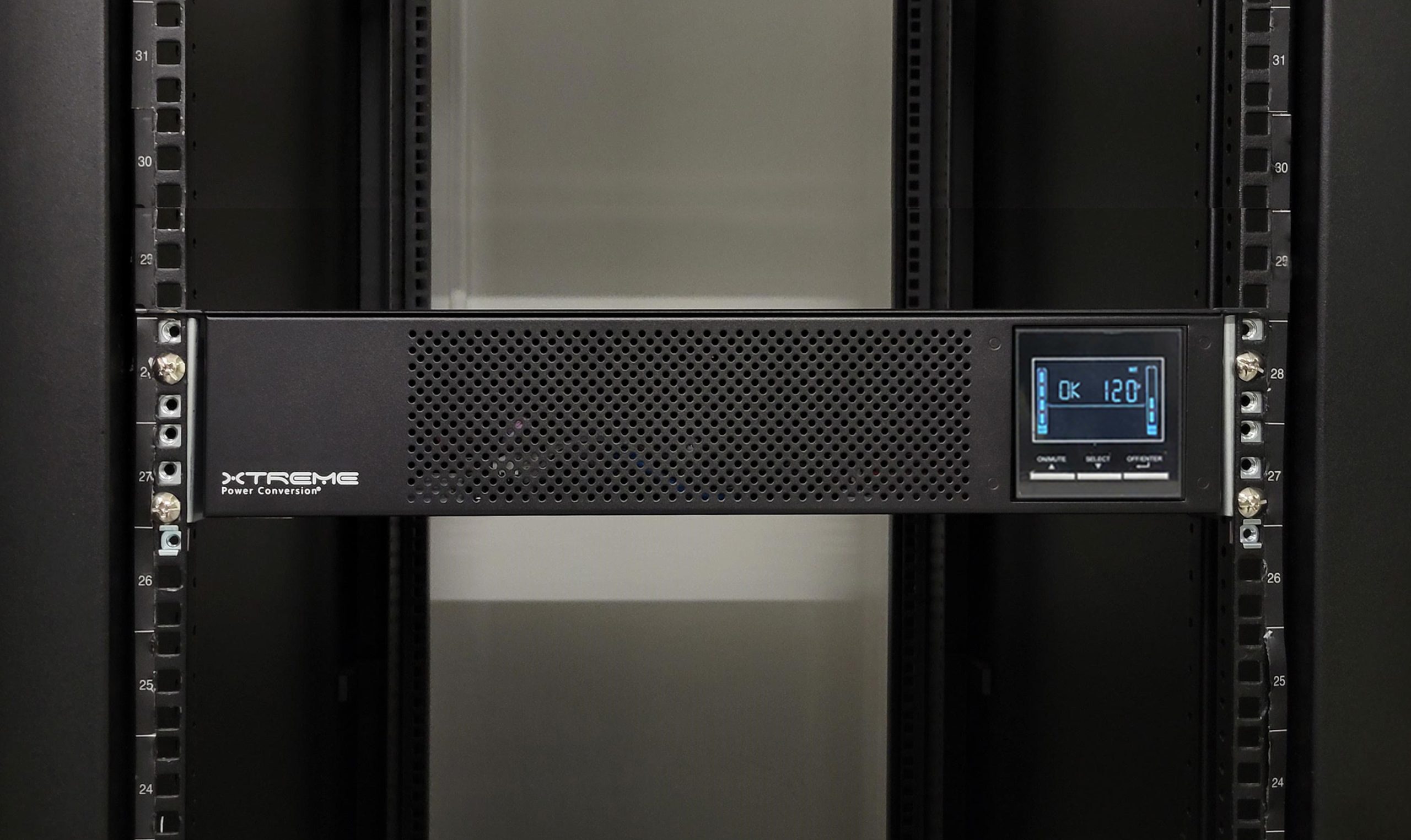 P91Li 3kVA online lithium UPS installed in a rack, LCD display showing OK 120V status