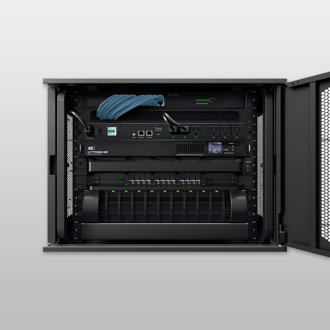 Xtreme lithium UPS and PDU installed in a wall-mount network cabinet - complete rack power management for Pro AV and distributed infrastructure