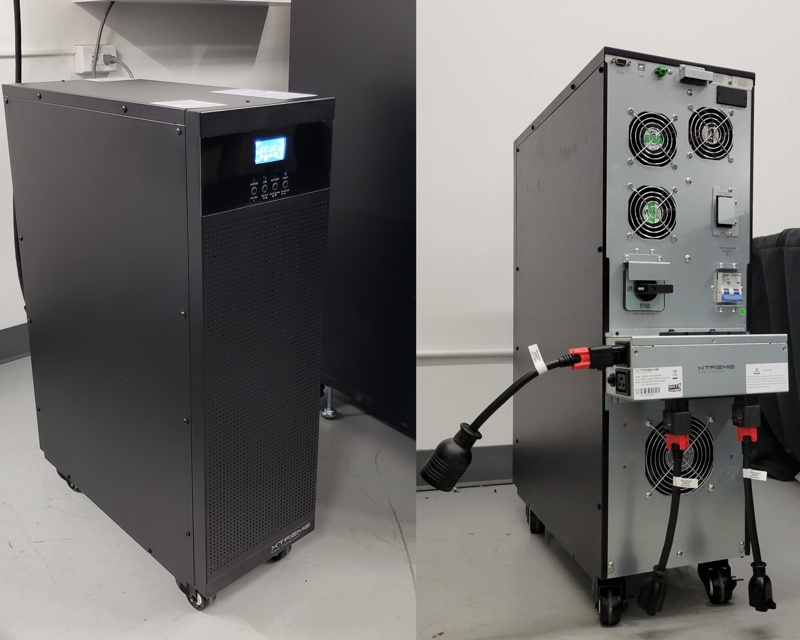 TX91 isolation UPS tower — front view showing LCD display and controls on left, rear panel showing output connections bypass switch and battery cabinet connections on right