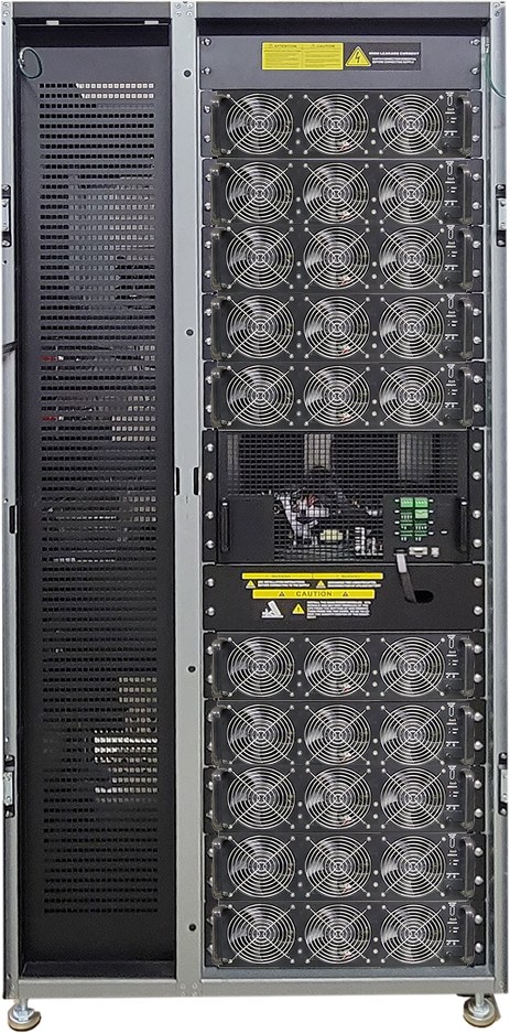 Xtreme Power X90-10S with the front door open, showing a fully populated ten-slot frame of hot-swappable power modules beside the control and static-bypass column