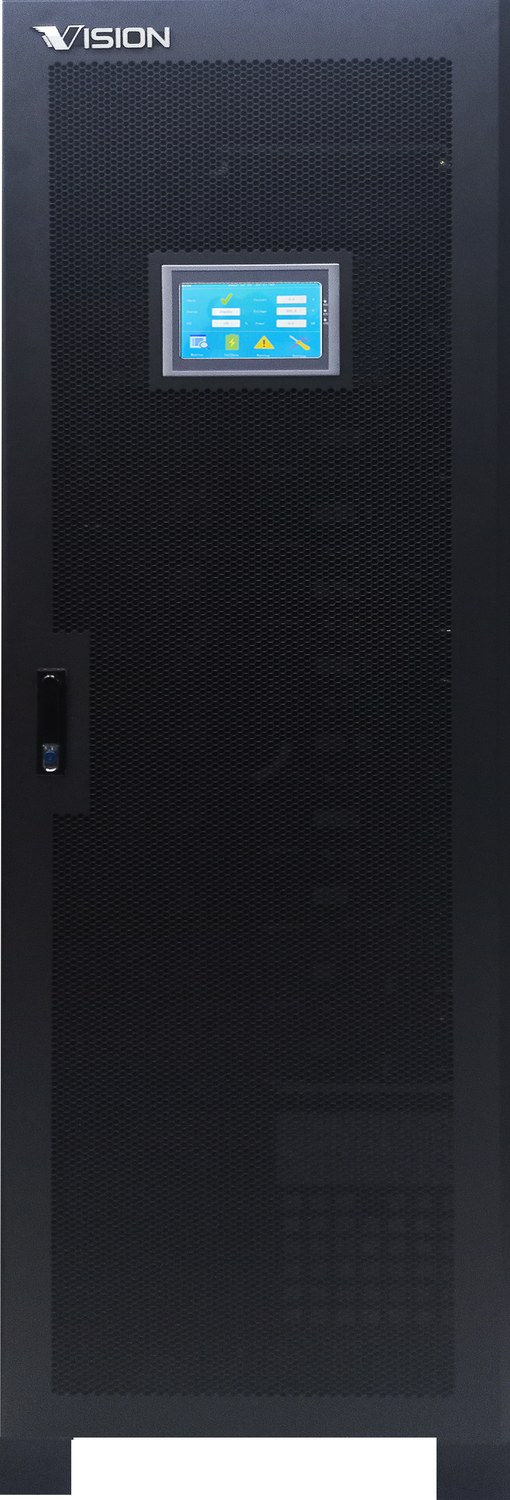 Vision REVO TP Series LFP battery cabinet, front view with the HMI touchscreen display on the door