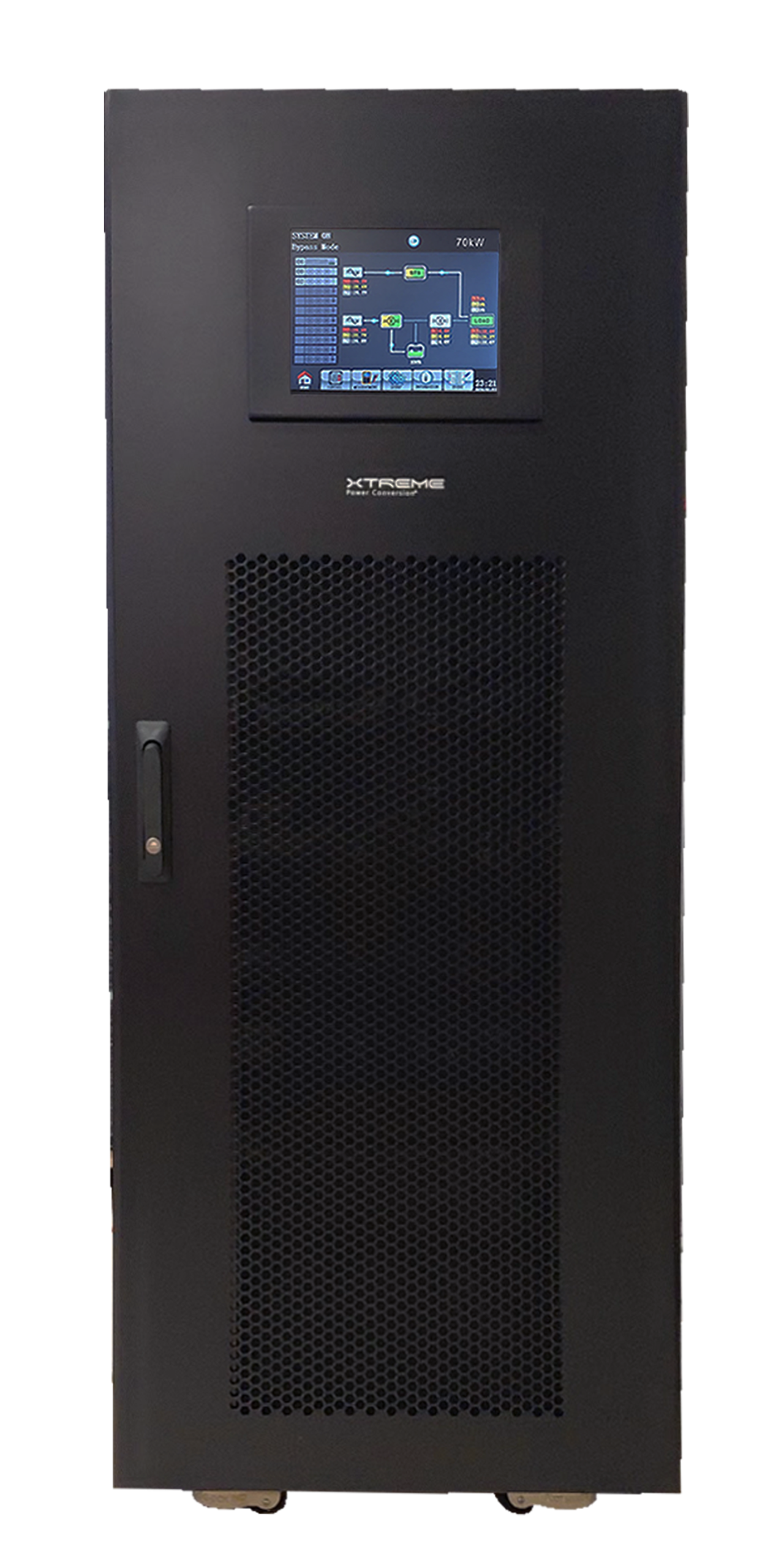 Xtreme Power X90 modular 480V three-phase UPS with 10-inch touchscreen showing the system one-line diagram