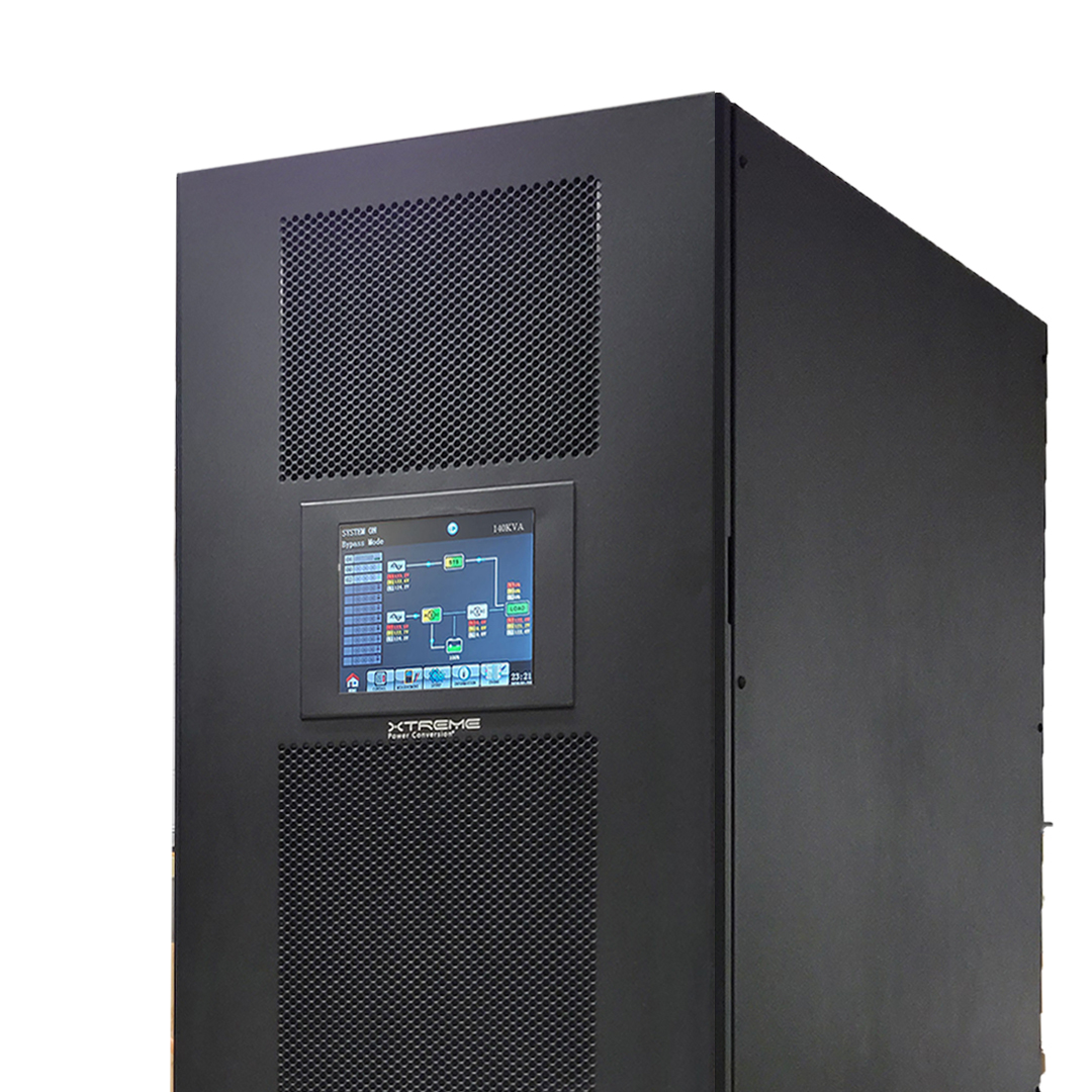 Xtreme Power X90-2S modular 480V UPS, close-up of the 10-inch touchscreen showing the system one-line diagram