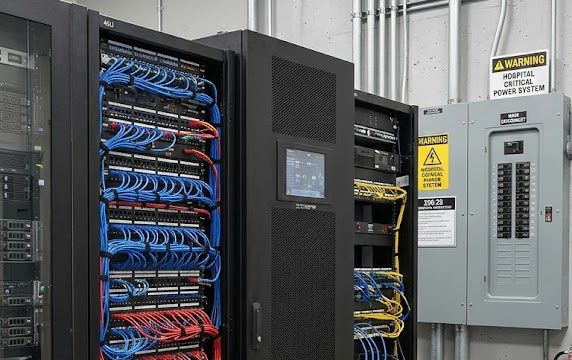 X90-2S installed in an electrical room beside IT racks under a critical power system panel